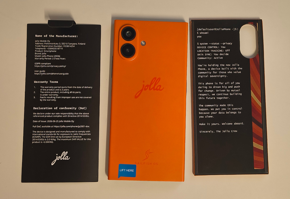 dem Jolla Phone 2026 beiliegende Informationskarten